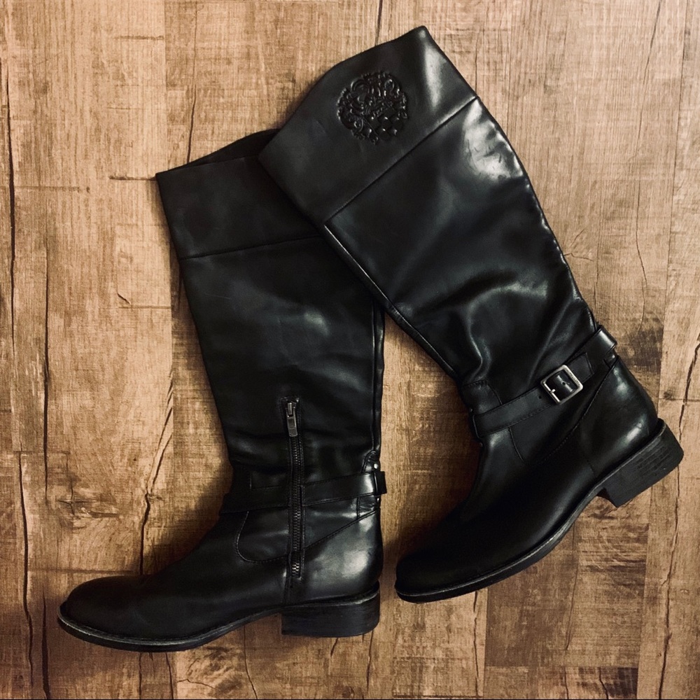Vince Camuto Embossed Black Leather Riding Boots